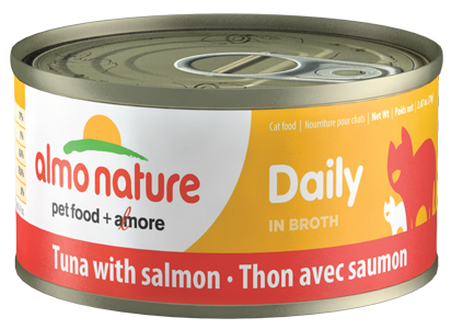 Almo Nature HQS Daily Tuna with Salmon in Broth Grain-Free Canned Cat Food is wholesome, 100% natural nutrition for your furry friend. All of the flavor and nutrients come directly from real