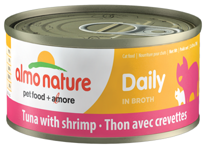 Almo Nature HQS Daily Tuna with Shrimp in Broth Grain-Free Canned Cat Food is wholesome, 100% natural nutrition for your furry friend. All of the flavor and nutrients come directly from real