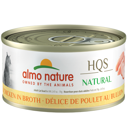 Almo Nature HQS Natural Chicken Deli in Broth Grain-Free Canned Cat Food delivers the simplicity and authenticity that cats adore: real, all-natural shredded deli chicken as the first ingred