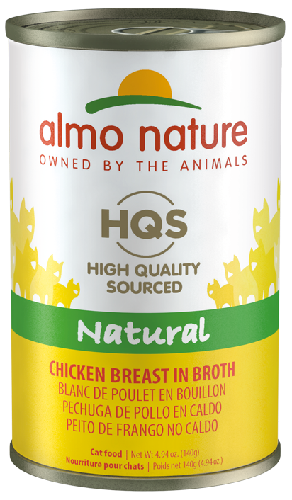 Almo Nature HQS Natural Chicken Breast in Broth Grain-Free Canned Cat Food delivers the simplicity and authenticity that cats adore: real, all-natural shredded chicken breast as the first in