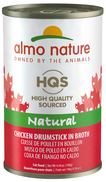 Almo Nature HQS Natural Chicken Drumstick in Broth Grain-Free Canned Cat Food delivers the simplicity and authenticity that cats adore: real, all-natural shredded chicken drumstick as the fi