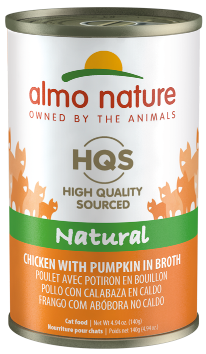 Almo Nature HQS Natural Chicken with Pumpkin in Broth Grain-Free Canned Cat Food delivers the simplicity and authenticity that cats adore: real, all-natural shredded chicken as the first ing