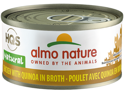 Almo Nature HQS Natural Chicken with Quinoa Canned Cat Food delivers the simplicity and authenticity that cats adore: real, all-natural shredded chicken as the first ingredient along with qu
