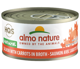Almo Nature HQS Natural Salmon with Carrots in Broth Grain-Free Canned Cat Food delivers the simplicity and authenticity that cats adore: real, all-natural flaked salmon as the first ingredi