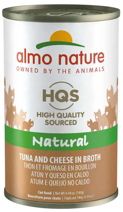 Almo Nature HQS Natural Tuna and Cheese in Broth Grain-Free Canned Cat Food delivers the simplicity and authenticity that cats adore: real, all-natural flaked tuna as the first ingredient an