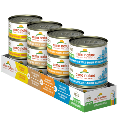 Almo Nature's HQS Natural Rotational Pack #1 Grain-Free Canned Cat Food comes with 4 healthy and flavorful recipes to rotate between: Chicken Breast, Tuna with Cheese, Chicken with Pumpkin, 