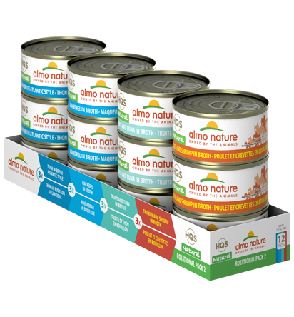 Almo Nature's HQS Natural Rotational Pack #2 Grain-Free Canned Cat Food comes with 4 healthy and flavorful recipes to rotate between: Atlantic Tuna, Mackerel, Trout & Tuna, Chicken & Shrimp.