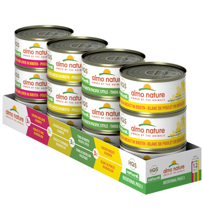 Almo Nature's HQS Natural Rotational Pack #3 Grain-Free Canned Cat Food comes with 4 healthy and flavorful recipes to rotate between: Chicken & Liver, Chicken & Cheese, Pacific Tuna, Chicken