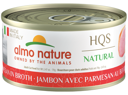 Almo Nature HQS Natural Made in Italy Ham with Parmesan in Broth Grain-Free Canned Cat Food delivers a taste of Italy with the simplicity and authenticity that cats adore: real, all-natural 