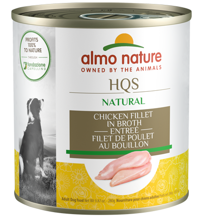 Almo Nature HQS Natural Chicken Fillet Adult Canned Dog Food delivers healthy simplicity: real, all-natural shredded chicken breast as the first ingredient, cooked in minimal water to create