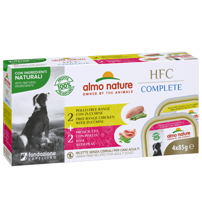 HFC COMPLETE DOGS 4X85 GX18 MULTI PACK COMPLETE FREE RANGE CHICKEN-HAM WITH PEAS