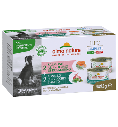 HFC COMPLETE DOGS MADE IN ITALY MULTIPACK 4X95G X20 STEAMED LAMB WITH ZUCCHINI AND DILL-ROSEMARY SALMON