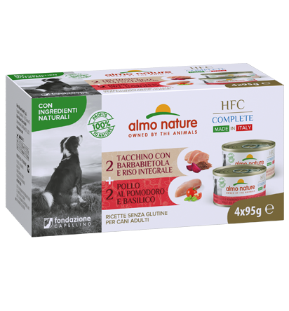 HFC COMPLETE DOGS MADE IN ITALY MULTIPACK 4X95G X20  BASIL AND TOMATO CHICKEN-TURKEY WITH BEET AND BROWN RICE