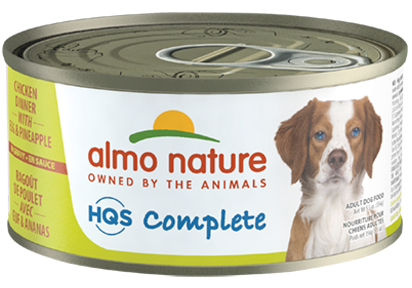 Watch your furry friend flourish on Almo Nature’s HQS Complete Chicken Dinner with Egg and Pineapple Grain-Free Canned Dog Food. Featuring all-natural, shredded chicken as the first ingredie