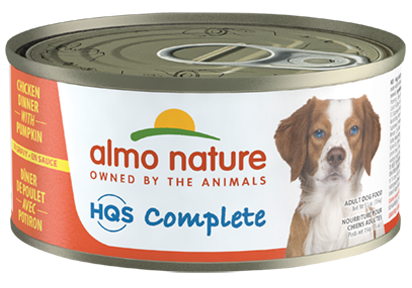Watch your furry friend flourish on Almo Nature’s HQS Complete Chicken Dinner with Pumpkin Grain-Free Canned Dog Food. Featuring all-natural, shredded chicken as the first ingredient, along 