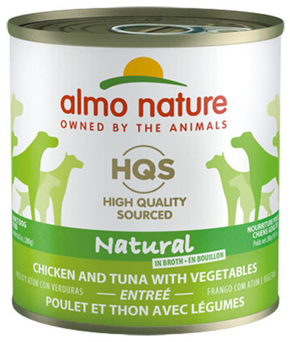 HQS NATURAL DOG 12X280 G CHICKEN AND TUNA WITH VEGETABLES ENTREE IN BROTH