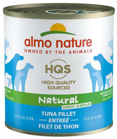 Almo Nature HQS Natural Tuna Fillet Adult Canned Dog Food delivers healthy simplicity: real, all-natural flaked tuna as the first ingredient, cooked in minimal water to create a moist, tasty