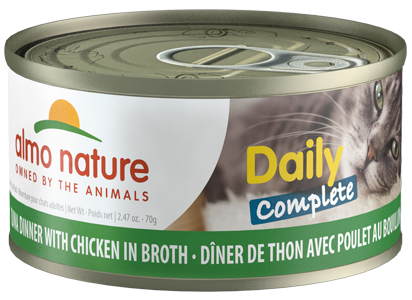 Watch your furry friend flourish on Almo Nature HQS Daily Complete Tuna Dinner with Chicken In Broth Grain-Free Canned Cat Food! This complete & balanced meal features tuna red meat as the f