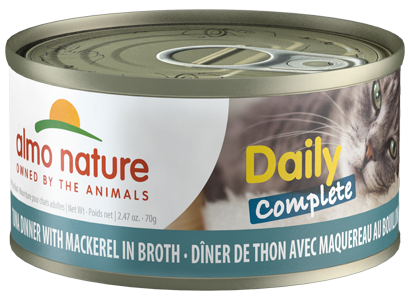 Watch your furry friend flourish on Almo Nature HQS Daily Complete Tuna Dinner with Mackerel In Broth Grain-Free Canned Cat Food! This complete & balanced meal features tuna red meat as the 